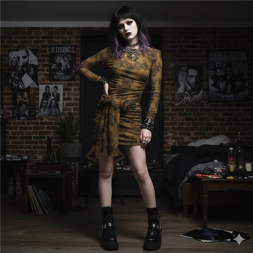 Cider Burnout Floral Ruched Sheer Mesh Long Sleeve Mini Dress XS Rosette Sash